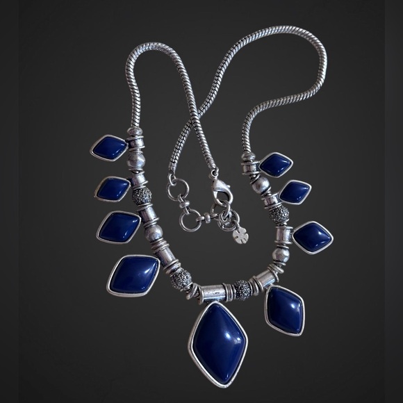 Lucky Brand Reversible Statement Necklace Navy Blue Cabochon Snake Chain 17-19” - Picture 4 of 5